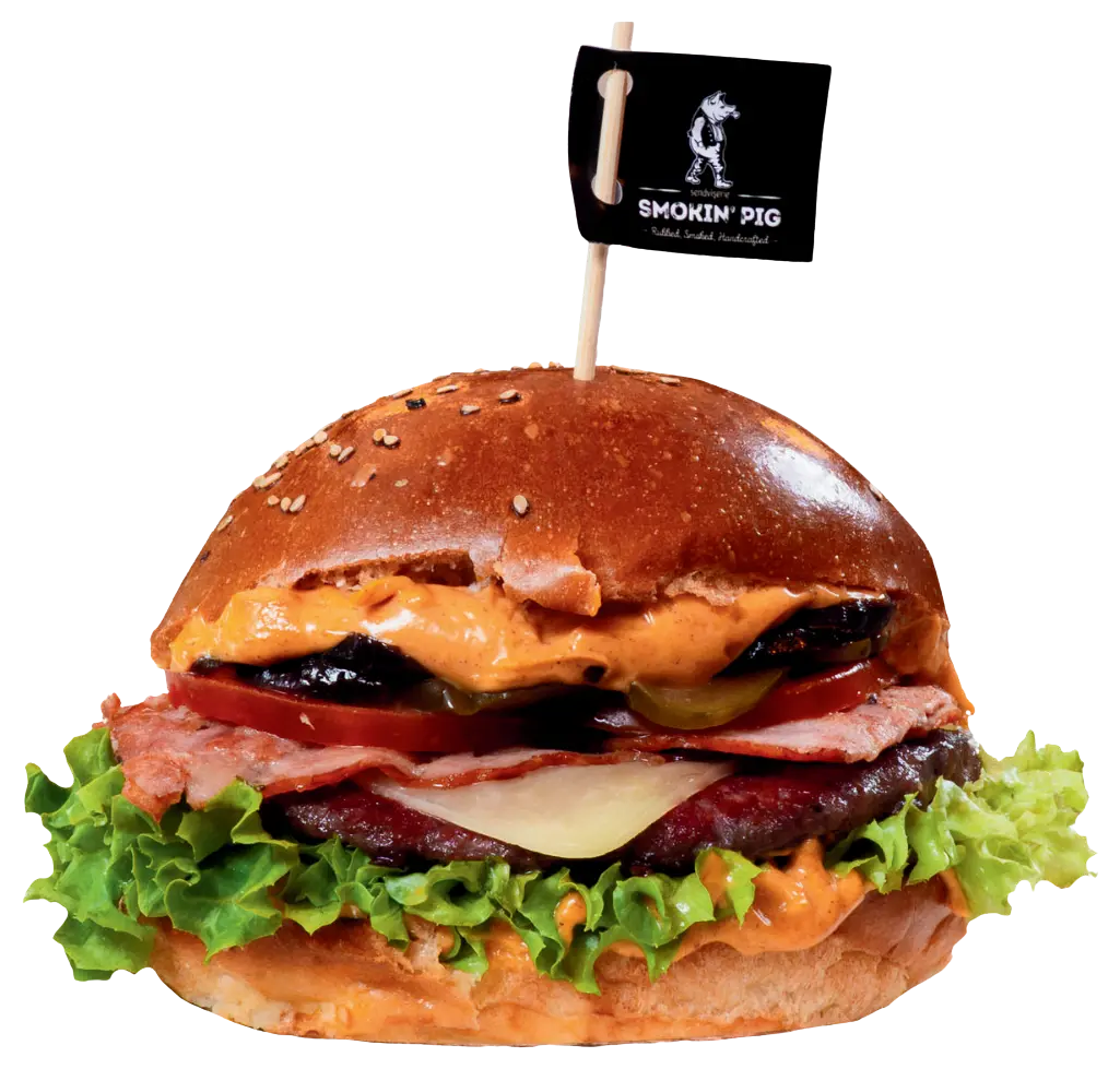 Burgerul The Beef Boy cu bacon, gouda, salată și roșii